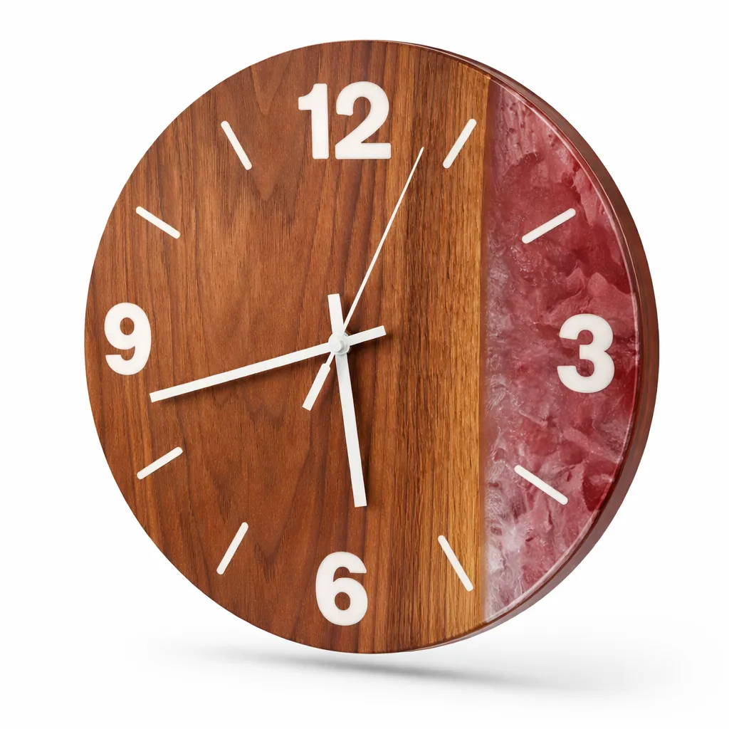 Wanduhr Ø 34 cm aus massivem Walnussholz & Epoxidharz in Rot und Weiß